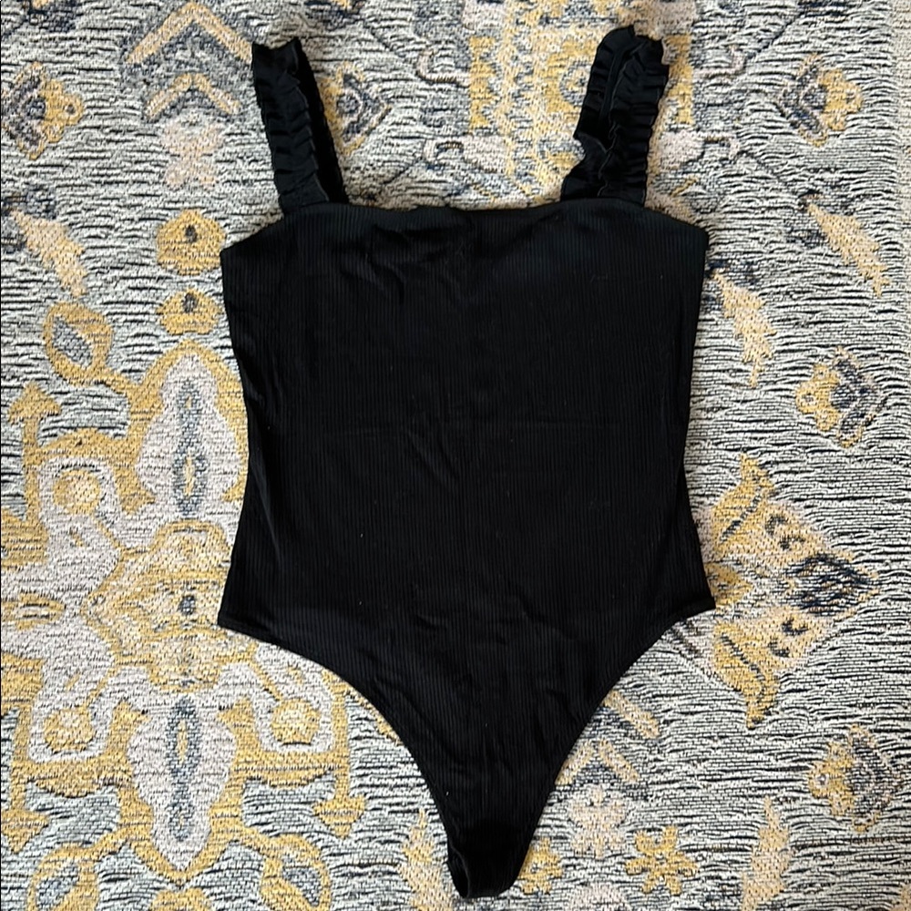 Sunday Best- Sz M- Black Ribbed Bodysuit with Ruffle Straps